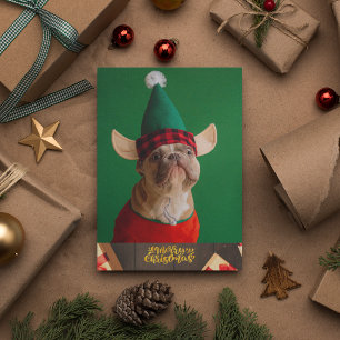 Cartão De Festividades Bulldogue Francês Com Chapéu Cachorro Fofo Natal