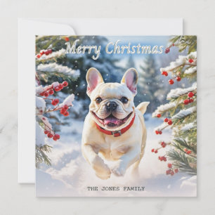 Cartão De Festividades Bulldogue Francês Creme na Neve Feliz Natal