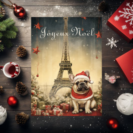 Cartão De Festividades Bulldogue Francês da Torre Eiffel de Natal Vintage