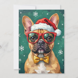 Cartão De Festividades Bulldogue Francês Hipster Óculos de Natal Moderno