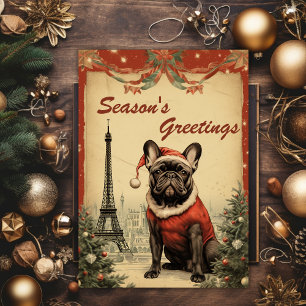 Cartão De Festividades Bulldogue Francês Torre Eiffel Natal Vintage