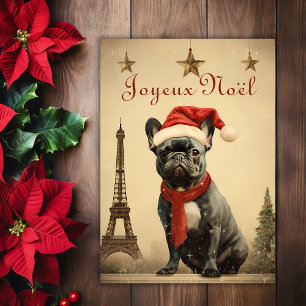 Cartão De Festividades Bulldogue Francês Torre Eiffel Natal Vintage