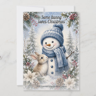 Cartão De Festividades Bunny Homem-de-Neve Aquarela Natal Férias de Natal