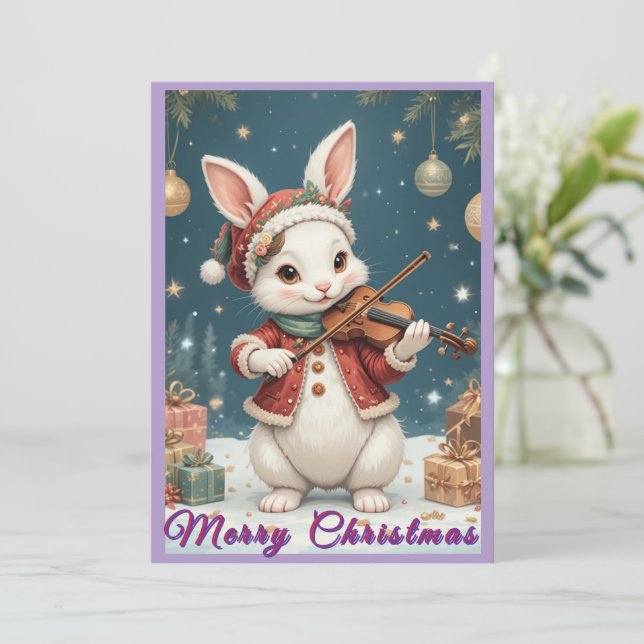 Cartão De Festividades Bunny Playing Violine Christmas Flat Holiday Card (Em pé/Frente)