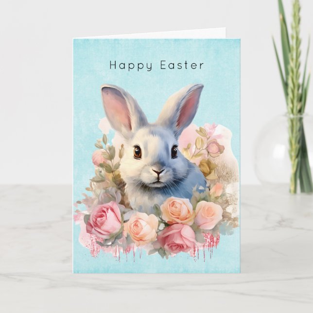 Cartão De Festividades Bunny with a Garland of Roses Cute Easter (Frente)