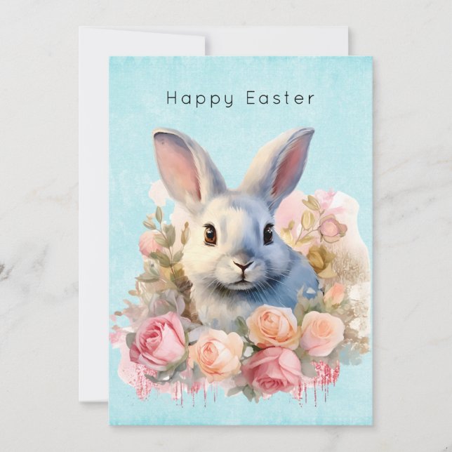 Cartão De Festividades Bunny with a Garland of Roses Cute Easter (Frente)