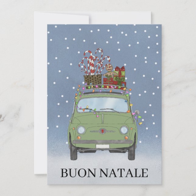 Cartão De Festividades Buon Natale italiano Natal Green Fiat 500 (Frente)