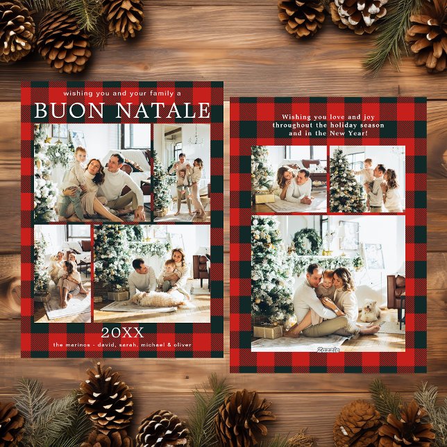 Cartão De Festividades Buon Natale Multi Photo Red Buffalo Plaid (Criador carregado)