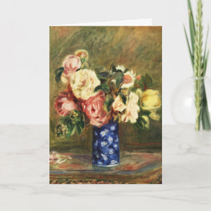 Cartão De Festividades Buquê de Rosas Rosadas Vintage Renoir Arte Vaso Az
