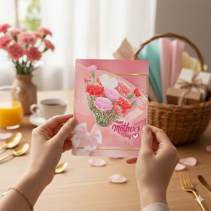 Cartão De Festividades Buquê Floral do Dia das Mães Rosa e Dourado