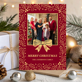 Cartão De Festividades Burgundy & Antique-Gold Bow Family Christmas Photo