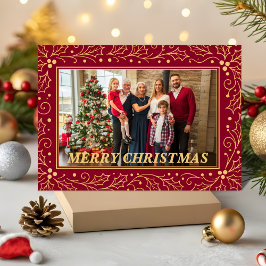 Cartão De Festividades Burgundy & Antique-Gold Family Christmas Photo