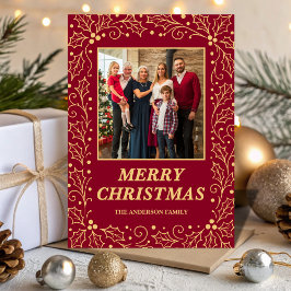 Cartão De Festividades Burgundy & Antique-Gold Family Photo Christmas