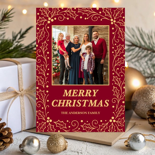 Cartão De Festividades Burgundy & Antique-Gold Family Photo Christmas (Criador carregado)