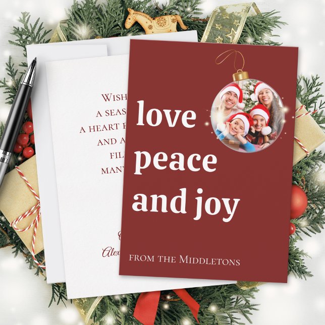 Cartão De Festividades Burgundy Christmas Family Photo Love Peace Joy (Criador carregado)