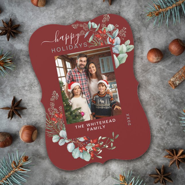 Cartão De Festividades Burgundy de Foto Feliz Feriado de Aquarela (You will love these beautiful Christmas cards! They feature botanical watercolor pine and berries.)