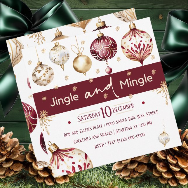 Cartão De Festividades Burgundy e Ivory Jingle e Mingle Party (Bold burgundy baubles adorn this Jingle and Mingle holiday party invite )