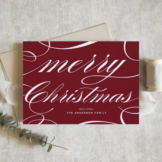 Cartão De Festividades Burgundy Elegant Flourish Script Merry Christmas (This elegant Christmas card features a beautiful flourish script on a rich burgundy background.)