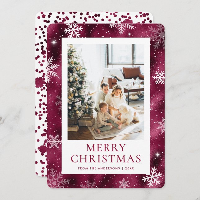 Cartão De Festividades Burgundy Feliz Natal Snowflake Foto de Neve (Frente/Verso)