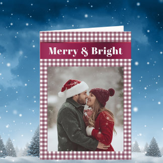Cartão De Festividades Burgundy Gingham Christmas Photo Merry and Bright