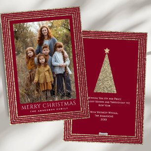 Cartão De Festividades Burgundy Glitter Foto Moderna da Árvore de Natal