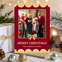 Cartão De Festividades Burgundy Gold Bow Scalloped Family Christmas Photo