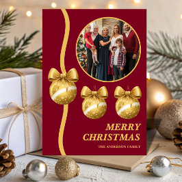 Cartão De Festividades Burgundy & Gold Ornaments Family Christmas Photo