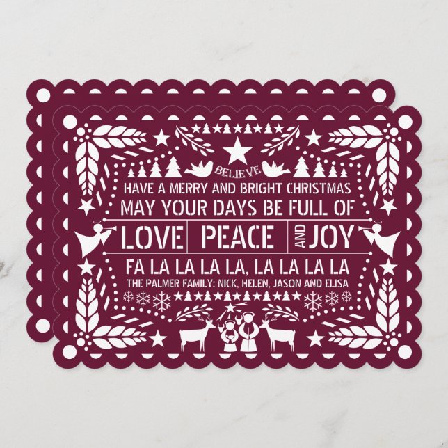 Cartão De Festividades Burgundy Love Peace Joy papel picado Natal (Frente/Verso)