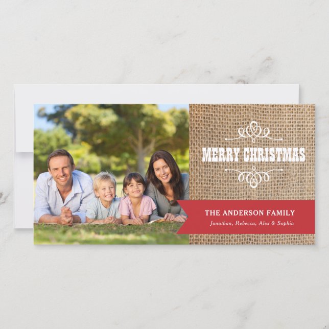 Cartão De Festividades Burlap Rustic com Red Banner Fotografia Natal (Frente)