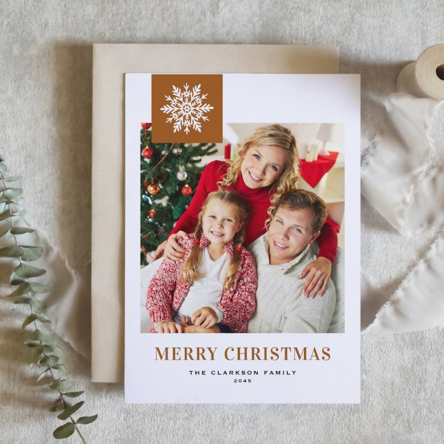Cartão De Festividades Burnt Orange Whimsical Snowflake Christmas Photo (Burnt orange photo Christmas card featuring a whimsical white snowflakes.)