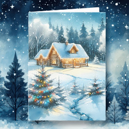 Cartão De Festividades Cabana de Troncos Serena numa Floresta de Inverno