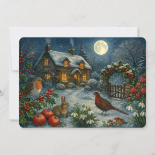 Cartão De Festividades Cabana numa noite de Natal com luar de inverno nev
