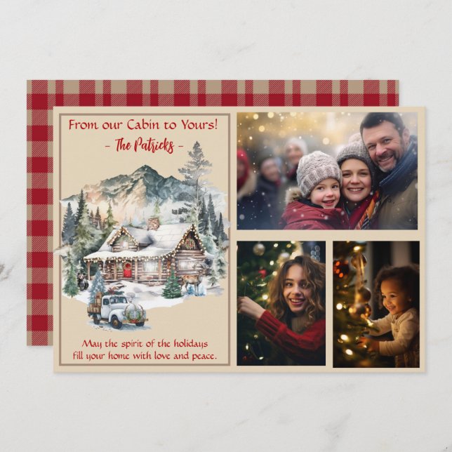 Cartão De Festividades Cabine de Log nas Montanhas Natal 3 Foto (Frente/Verso)