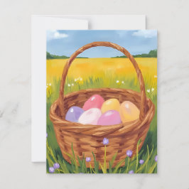 Cartão De Festividades Caça aos Ovos na Cesta de Páscoa Aquarela Pastel