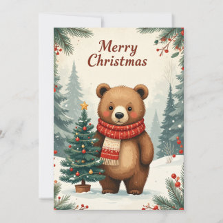 Cartão De Festividades Cachecol de Urso de Natal Vintage Árvore de Férias