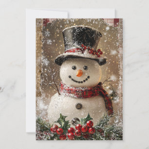 Cartão De Festividades Cachecol Xadrez Boneco de Neve e Amuleto de Azevin