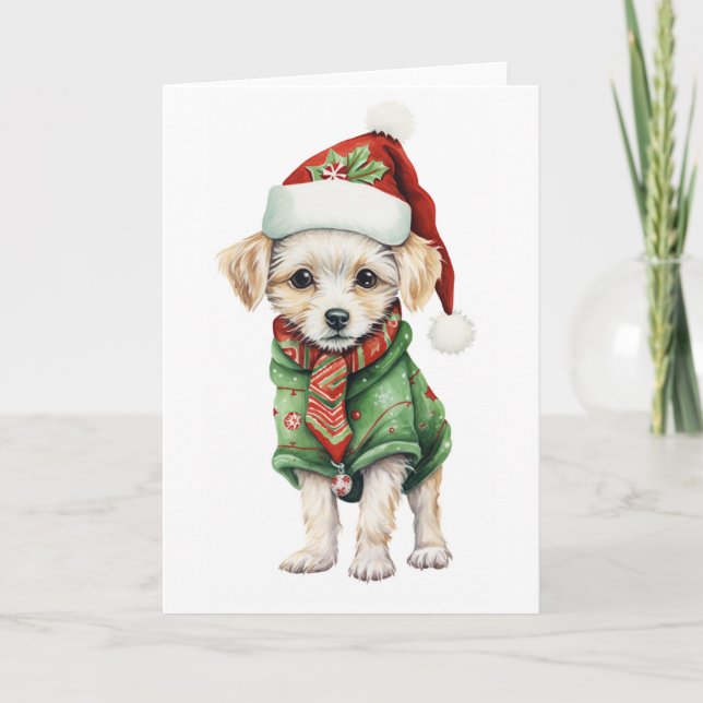 Cartão De Festividades Cachorrinho de Natal Fofo e Peludo, Chapéu, Cachec (Frente)