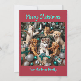 Cartão De Festividades Cachorrinhos e Gatinhos Fofo no Natal