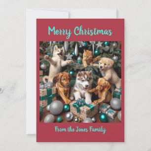 Cartão De Festividades Cachorrinhos e Gatinhos Fofo no Natal