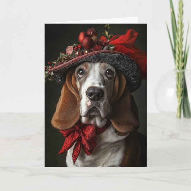 Cartão De Festividades Cachorro Basset Hound Natal Vitoriano (Frente)