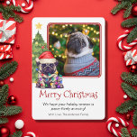 Cartão De Festividades Cachorro Bonito e Árvore de Natal Cachorro Um Foto<br><div class="desc">Este cartão de Natal do Pug bonito apresenta um Pug vestindo um chapéu de Papai Noel sentado em frente a uma árvore de Natal iluminada. A saudação no cartão diz "Feliz Natal", a mensagem diz "Esperamos que a sua época de férias seja surpreendente!" e finalmente há uma saudação. Todas essas...</div>