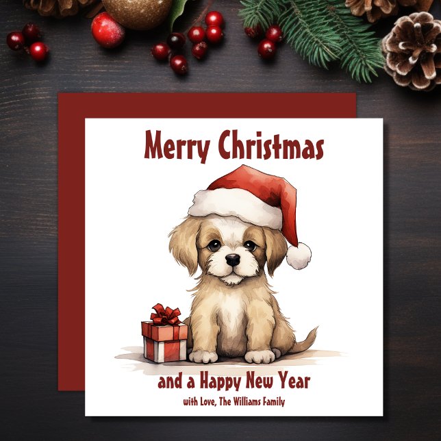 Cartão De Festividades Cachorro Bonito Vestindo um Papai Noel de Natal (Cute Puppy Wearing a Santa Hat Dog Christmas Holiday Card)