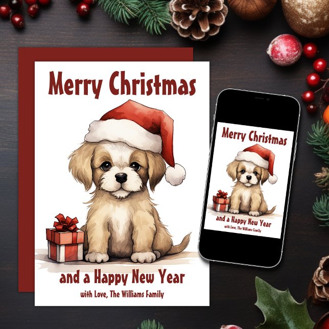 Cartão De Festividades Cachorro Bonito Vestindo um Papai Noel de Natal (Printed and Digital - Cute Puppy Wearing a Santa Hat Dog Christmas Holiday Card)