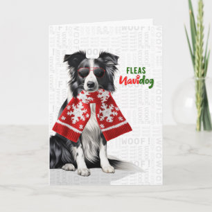 Cartão De Festividades Cachorro Border Collie Piadas de Pulgas Navidog Na