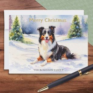 Cartão De Festividades Cachorro Border Collie Tricolor na Neve Feliz Nata
