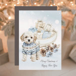 Cartão De Festividades Cachorro Cachorro e Cachorro Branco Louco Feliz<br><div class="desc">Celebrar os feriados com este cartão de Natal branco, com um pequeno cão doce vestindo um adorável suéter de isle em tons castanhos azuis em frente a um cheio de luvas de inverno de presentes em tons azuis e neutros, pinecones, e queda de flocos de neve em uma aquarela azul...</div>