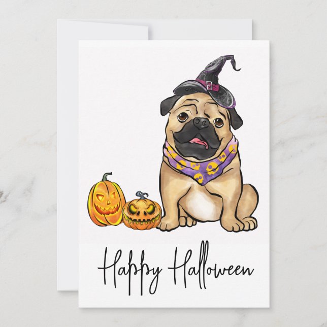 Cartão De Festividades Cachorro Cachorro Pug Puppy Ghost Feliz Halloween (Frente)