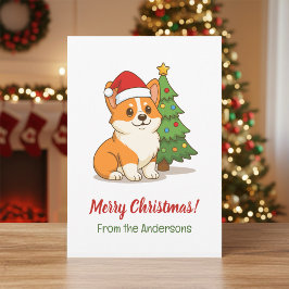 Cartão De Festividades Cachorro Corgi Fofo com um Chapéu Vermelho com Árv