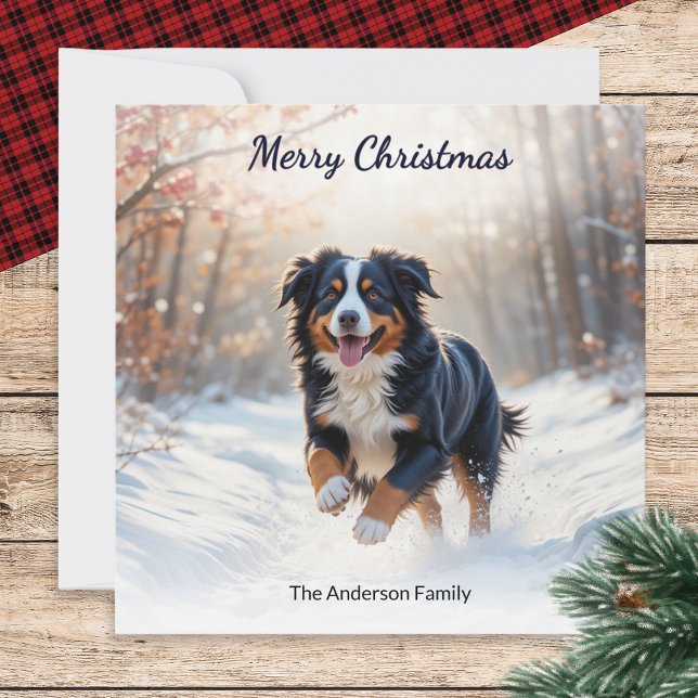 Cartão De Festividades Cachorro da Montanha Bernese no Natal da Aquarela  (A personalized Christmas card, with watercolor-style picture of a Bernese Mountain Dog in the snow)