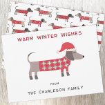 Cartão De Festividades Cachorro Dachshund em uma diversão de Papai Noel<br><div class="desc">Enchido doce e adorável de Dachshund ou cão Wiener em um suéter festivo vermelho e branco de malha. Altere os nomes e a saudação para personalizar. Arte original de Nic Squirrell.</div>
